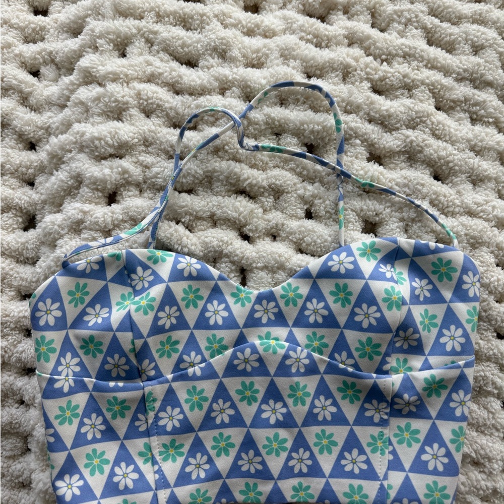 Zara Blue and Cream Floral Patterned Garment